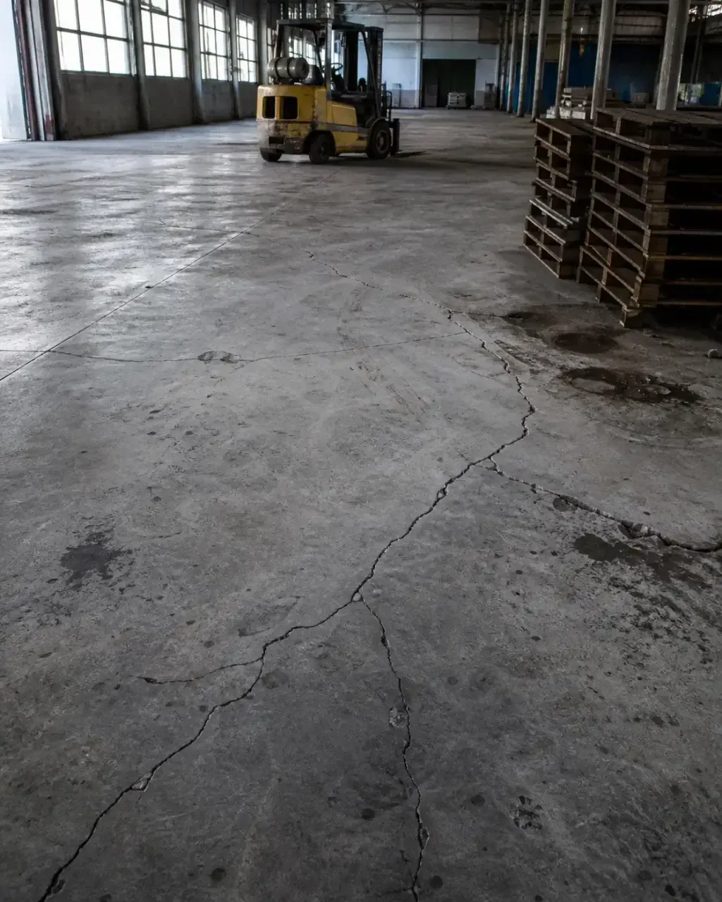 Piso de concreto industrial degradado com trincas, manchas de óleo e desgaste de empilhadeira